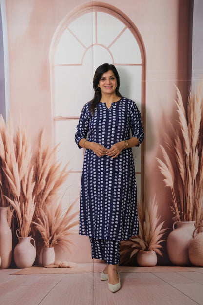 Navy Blue Cotton Long Co-ord Set with Dot Print