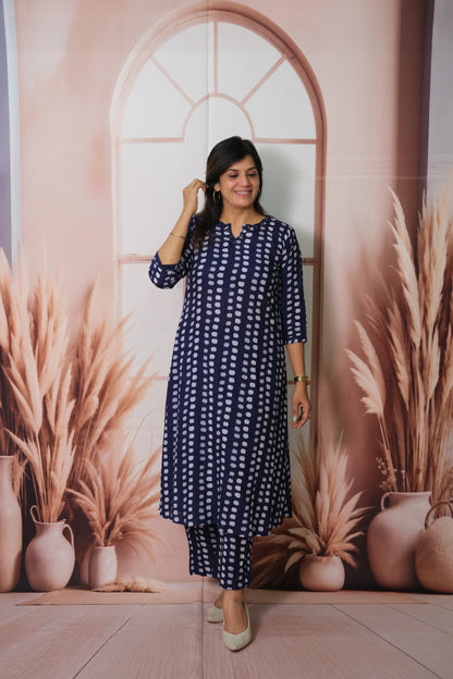 Navy Blue Cotton Long Co-ord Set with Dot Print