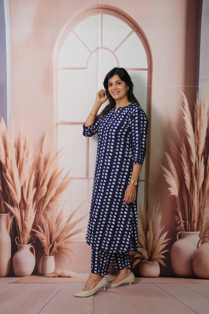 Navy Blue Cotton Long Co-ord Set with Dot Print