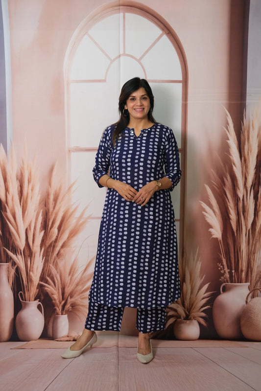 Navy Blue Cotton Long Co-ord Set with Dot Print
