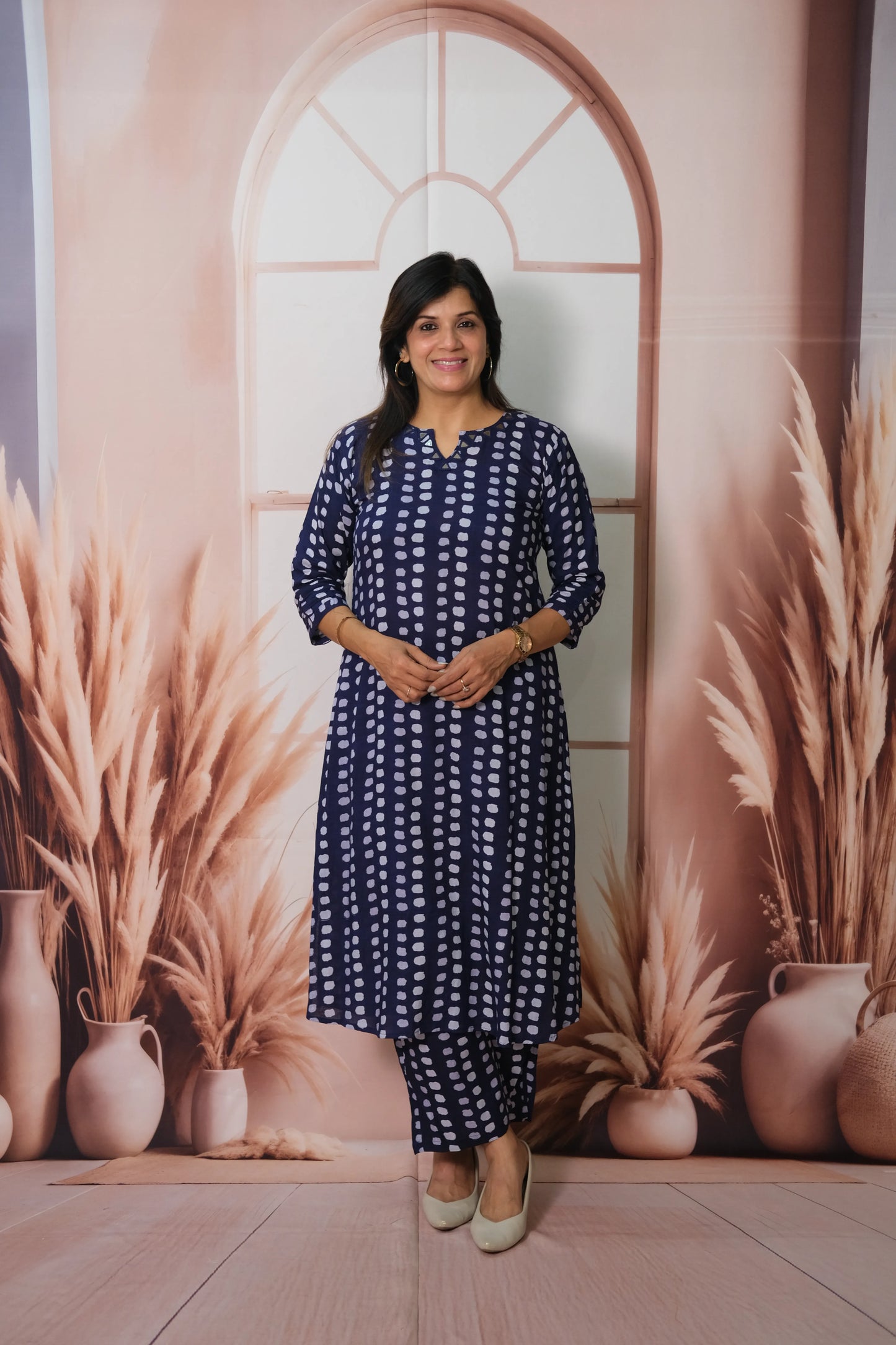 Navy Blue Cotton Long Co-ord Set with Dot Print