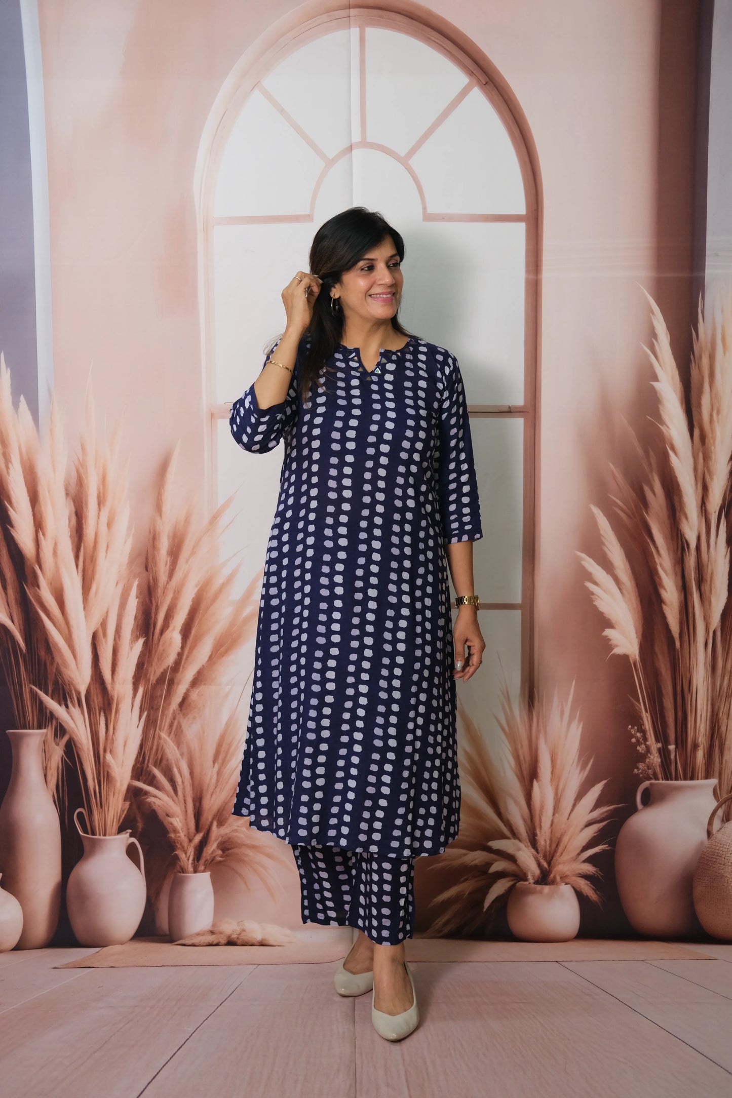 Navy Blue Cotton Long Co-ord Set with Dot Print