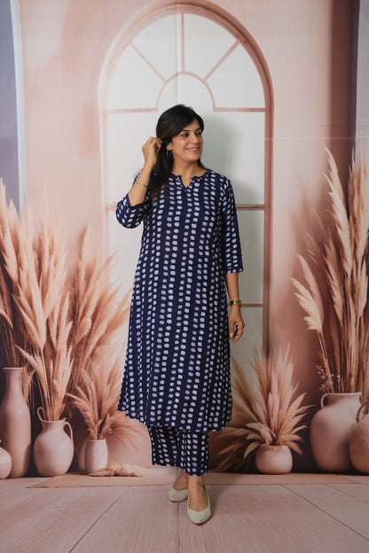 Navy Blue Cotton Long Co-ord Set with Dot Print