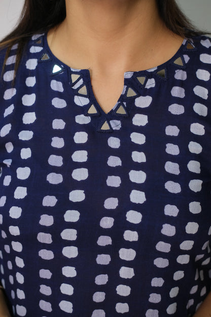 Navy Blue Cotton Long Co-ord Set with Dot Print