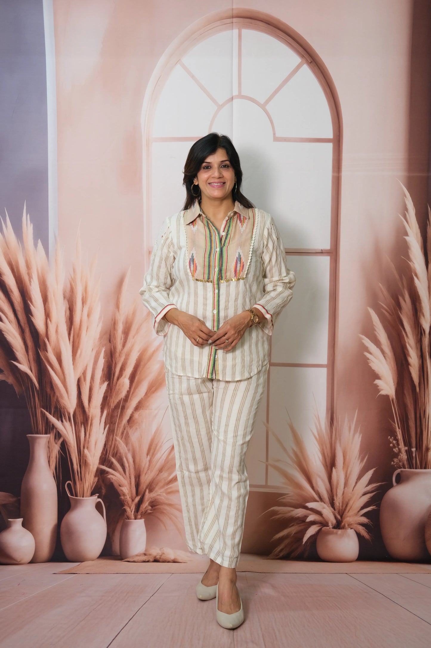 Off-White Striped Cotton Co-ord Set with Print & Embroidery
