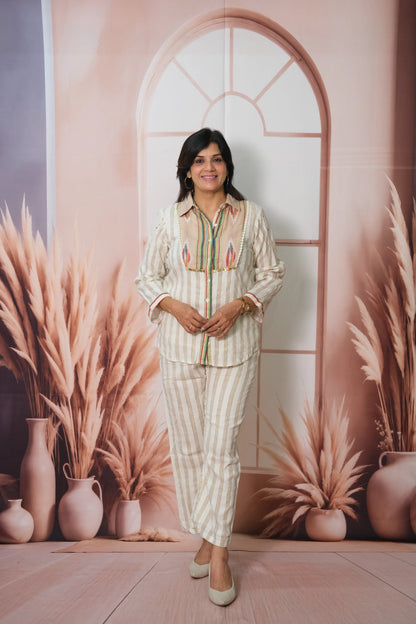 Off-White Striped Cotton Co-ord Set with Print & Embroidery