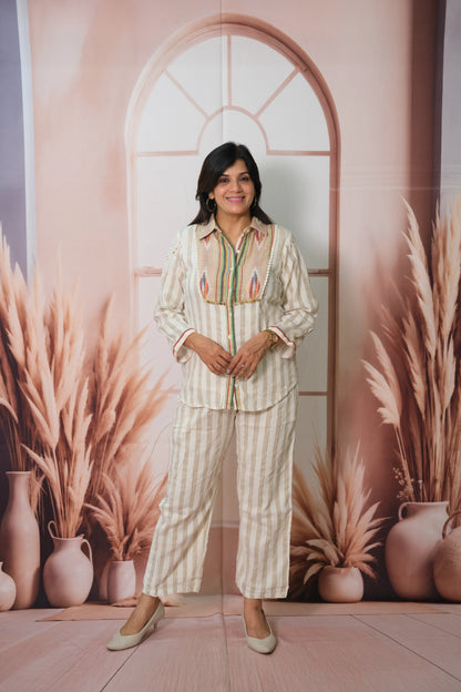 Off-White Striped Cotton Co-ord Set with Print & Embroidery