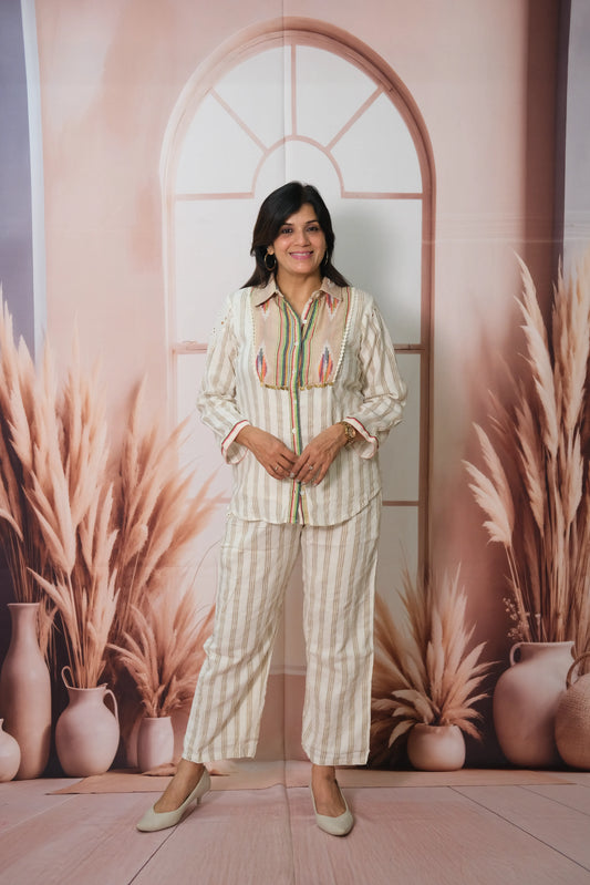 Off-White Striped Cotton Co-ord Set with Print & Embroidery
