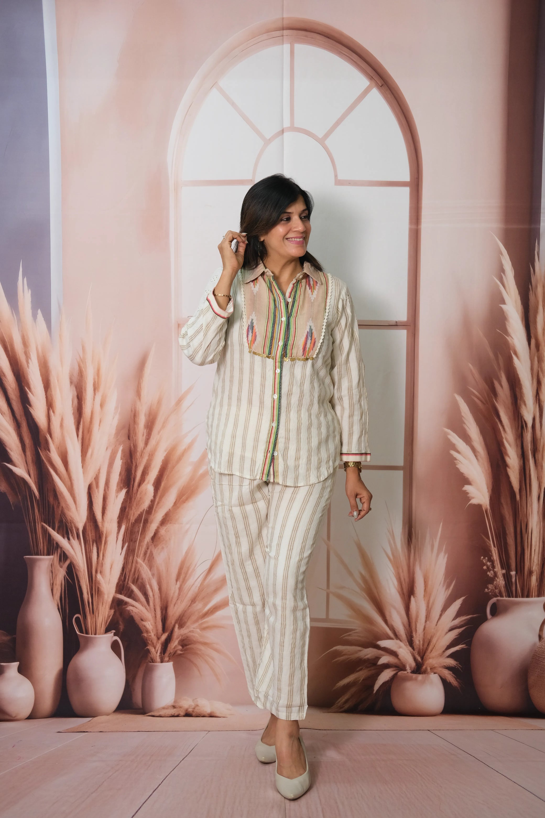 Off-White Striped Cotton Co-ord Set with Print & Embroidery