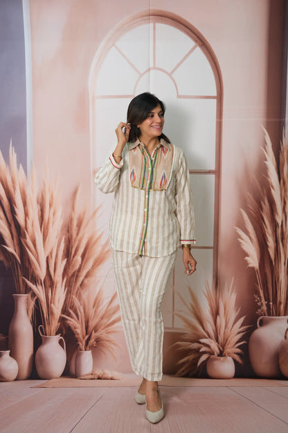 Off-White Striped Cotton Co-ord Set with Print & Embroidery