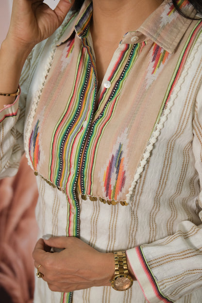 Off-White Striped Cotton Co-ord Set with Print & Embroidery