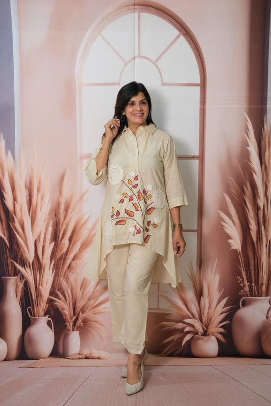Cream Mul Cotton C-Cut Top Co-ord Set with Crosia & Embroidery Work
