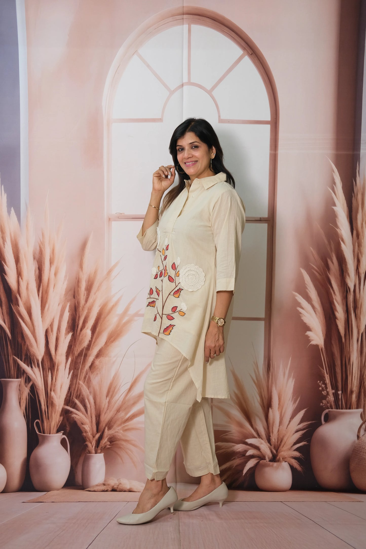 Cream Mul Cotton C-Cut Top Co-ord Set with Crosia & Embroidery Work