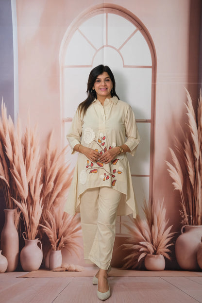 Cream Mul Cotton C-Cut Top Co-ord Set with Crosia & Embroidery Work