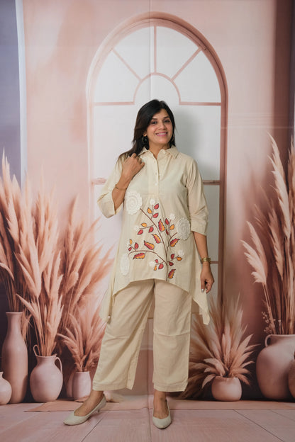Cream Mul Cotton C-Cut Top Co-ord Set with Crosia & Embroidery Work