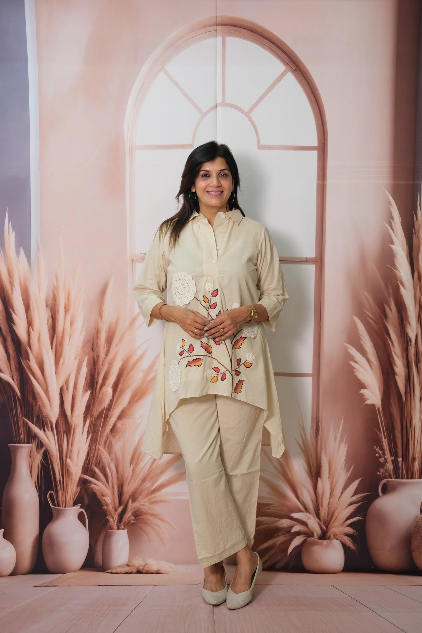 Cream Mul Cotton C-Cut Top Co-ord Set with Crosia & Embroidery Work
