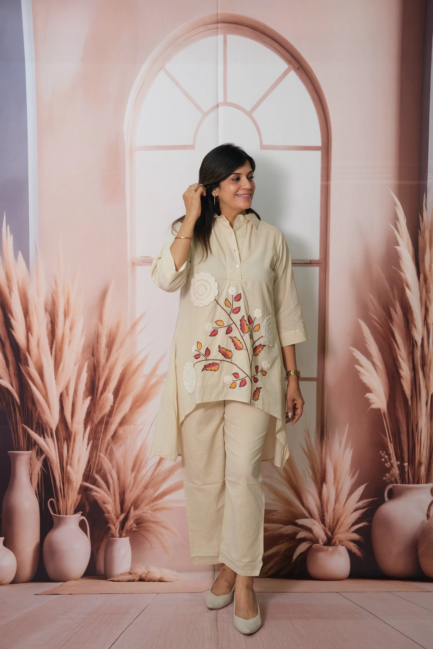 Cream Mul Cotton C-Cut Top Co-ord Set with Crosia & Embroidery Work