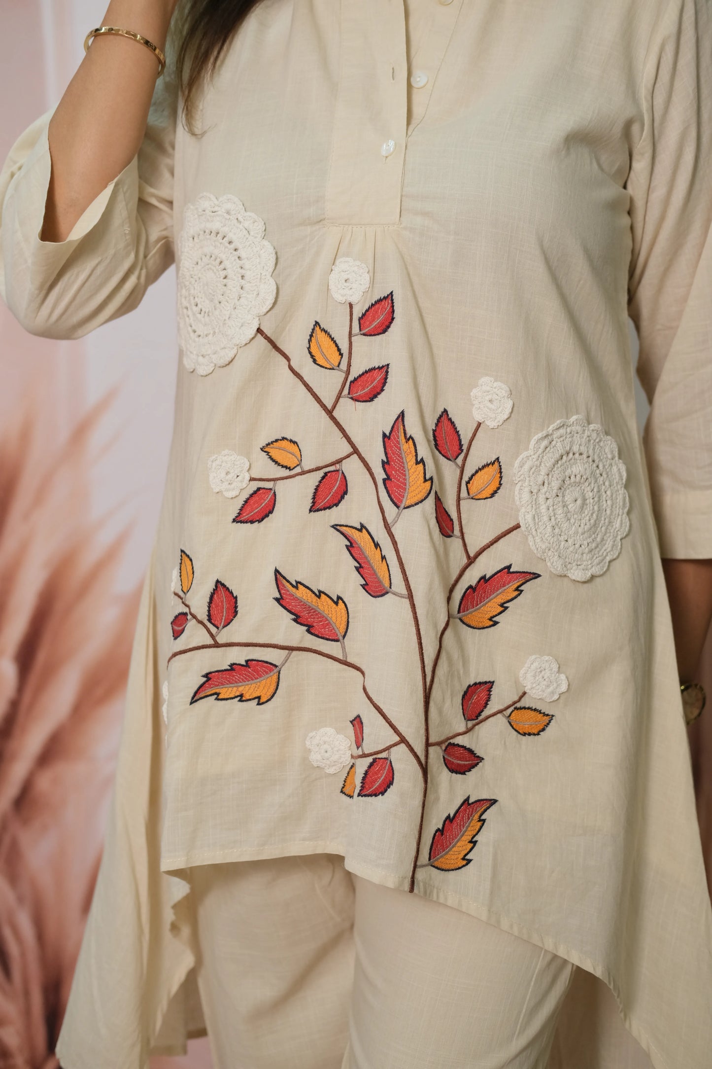 Cream Mul Cotton C-Cut Top Co-ord Set with Crosia & Embroidery Work