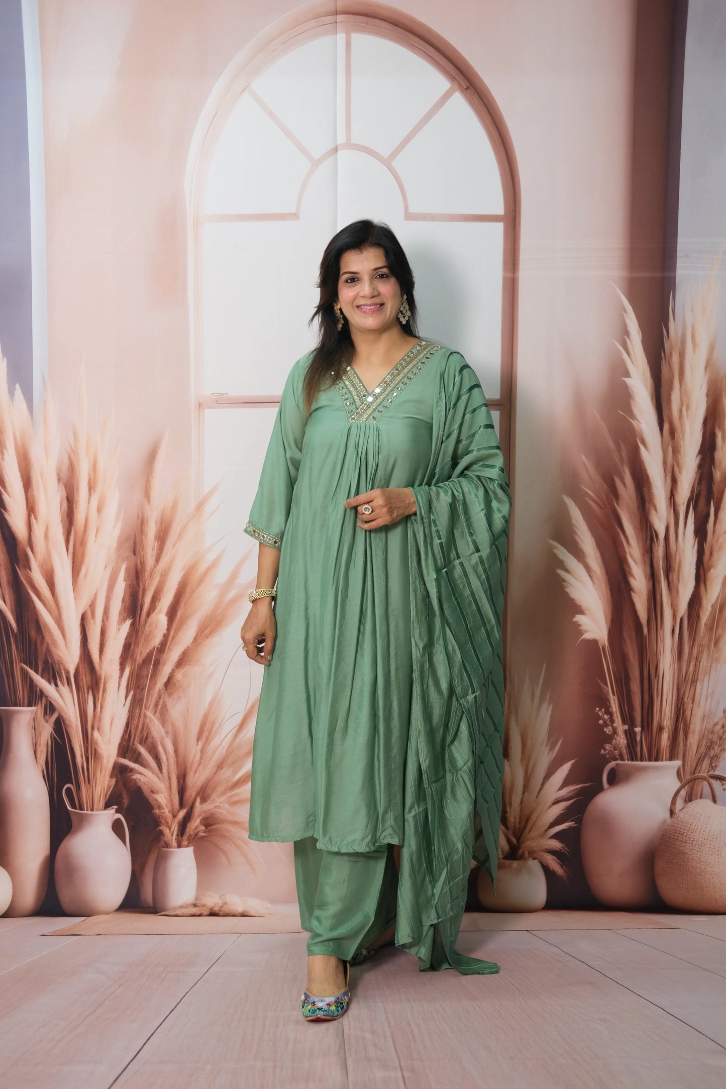 Southfield Green Mul Chanderi A-Line Kurta Dupatta Set with Mirror Work