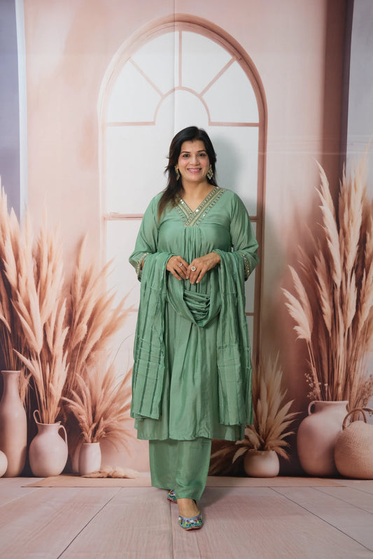 Southfield Green Mul Chanderi A-Line Kurta Dupatta Set with Mirror Work