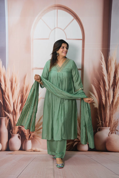 Southfield Green Mul Chanderi A-Line Kurta Dupatta Set with Mirror Work