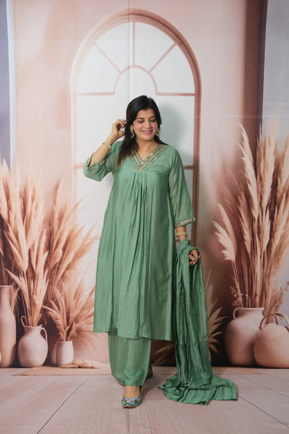Southfield Green Mul Chanderi A-Line Kurta Dupatta Set with Mirror Work