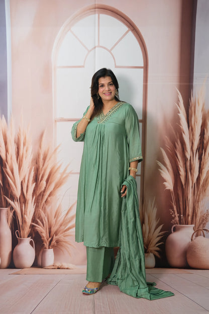 Southfield Green Mul Chanderi A-Line Kurta Dupatta Set with Mirror Work