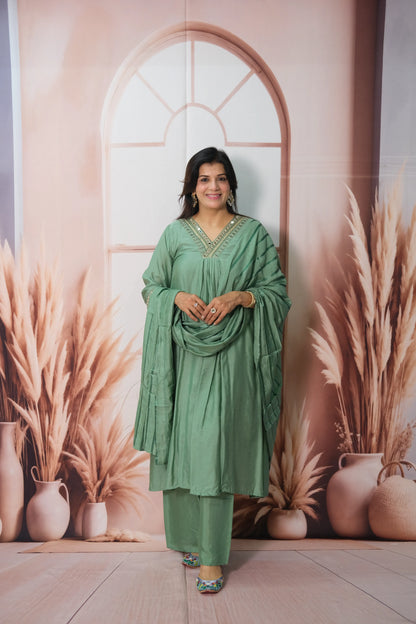 Southfield Green Mul Chanderi A-Line Kurta Dupatta Set with Mirror Work