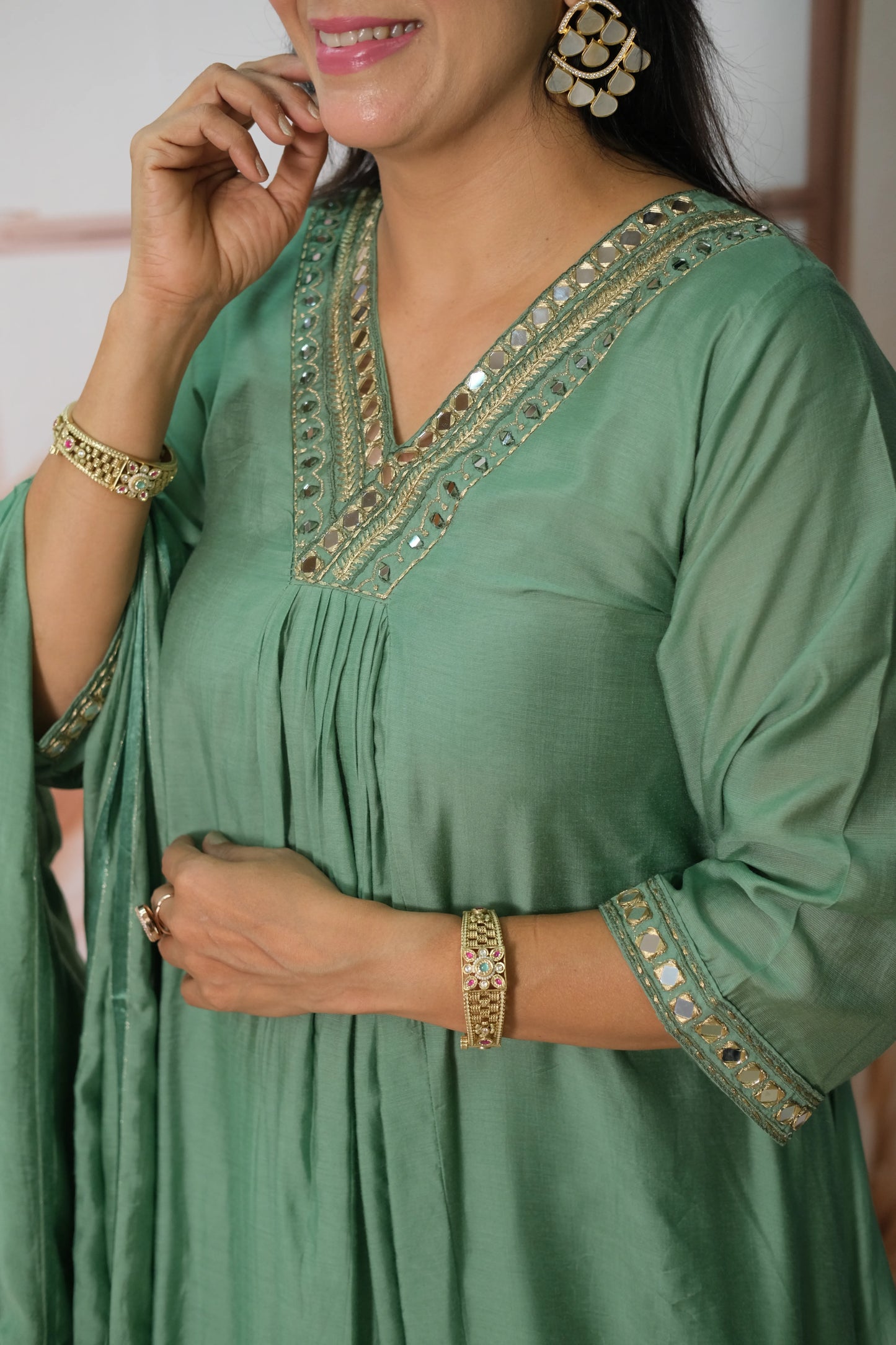 Southfield Green Mul Chanderi A-Line Kurta Dupatta Set with Mirror Work