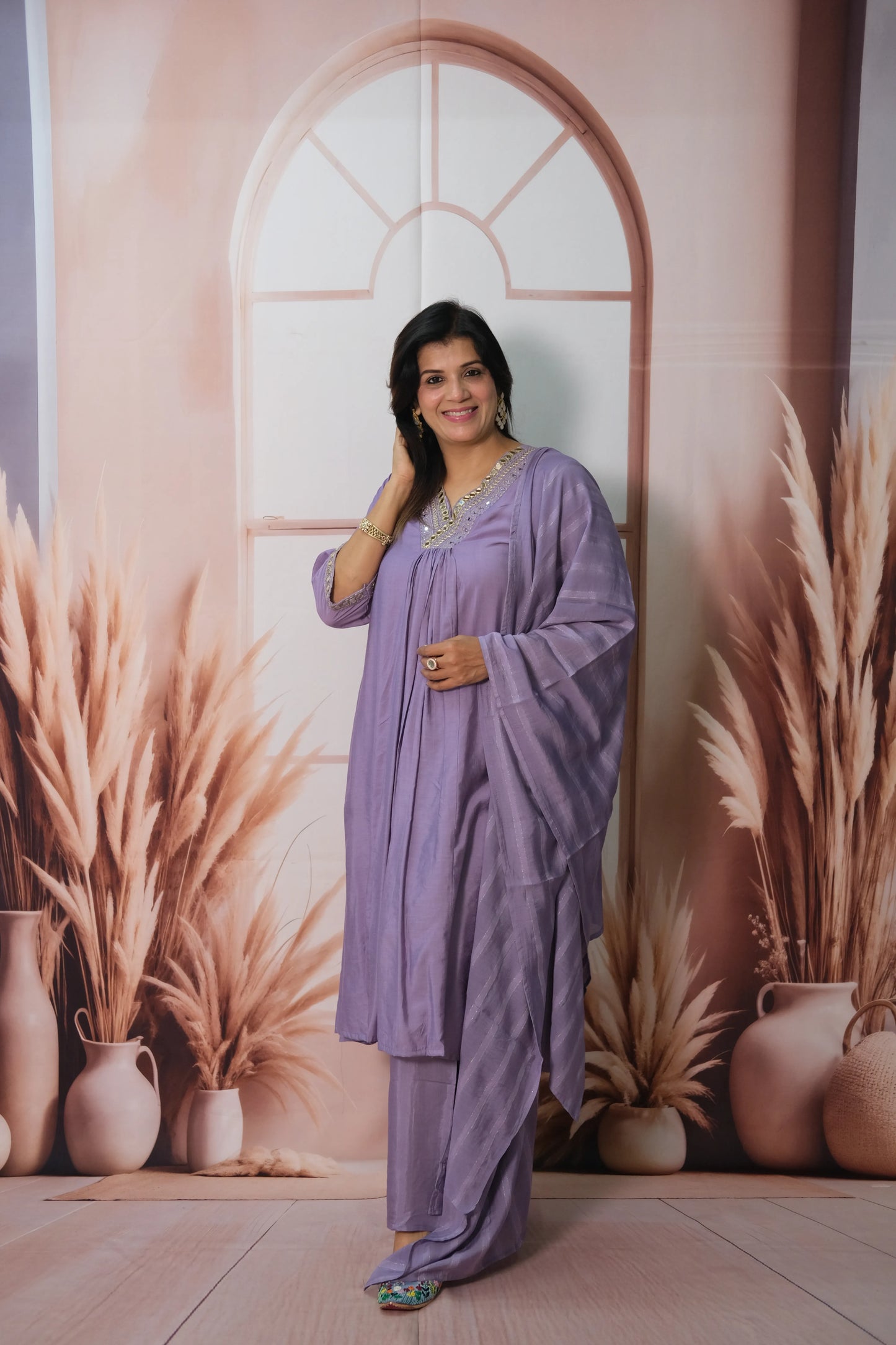 Lavender Purple Mul Chanderi A-Line Kurta Dupatta Set with Mirror Work