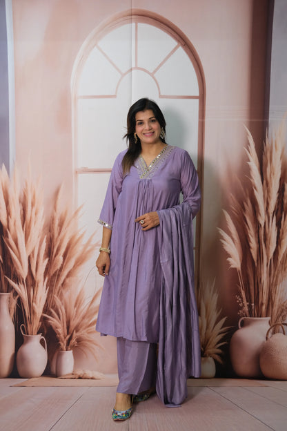 Lavender Purple Mul Chanderi A-Line Kurta Dupatta Set with Mirror Work