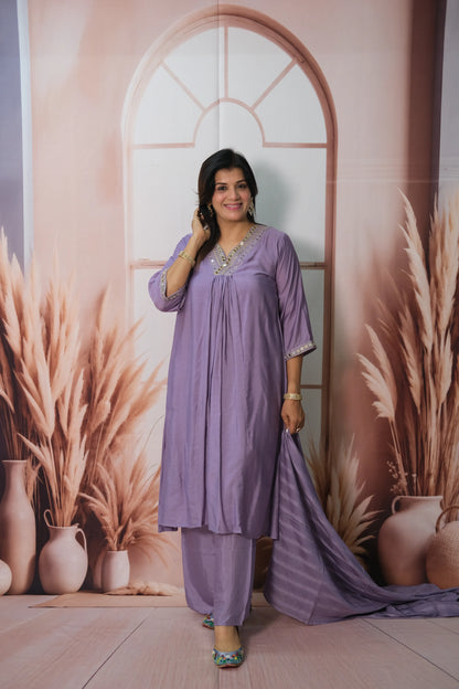 Lavender Purple Mul Chanderi A-Line Kurta Dupatta Set with Mirror Work