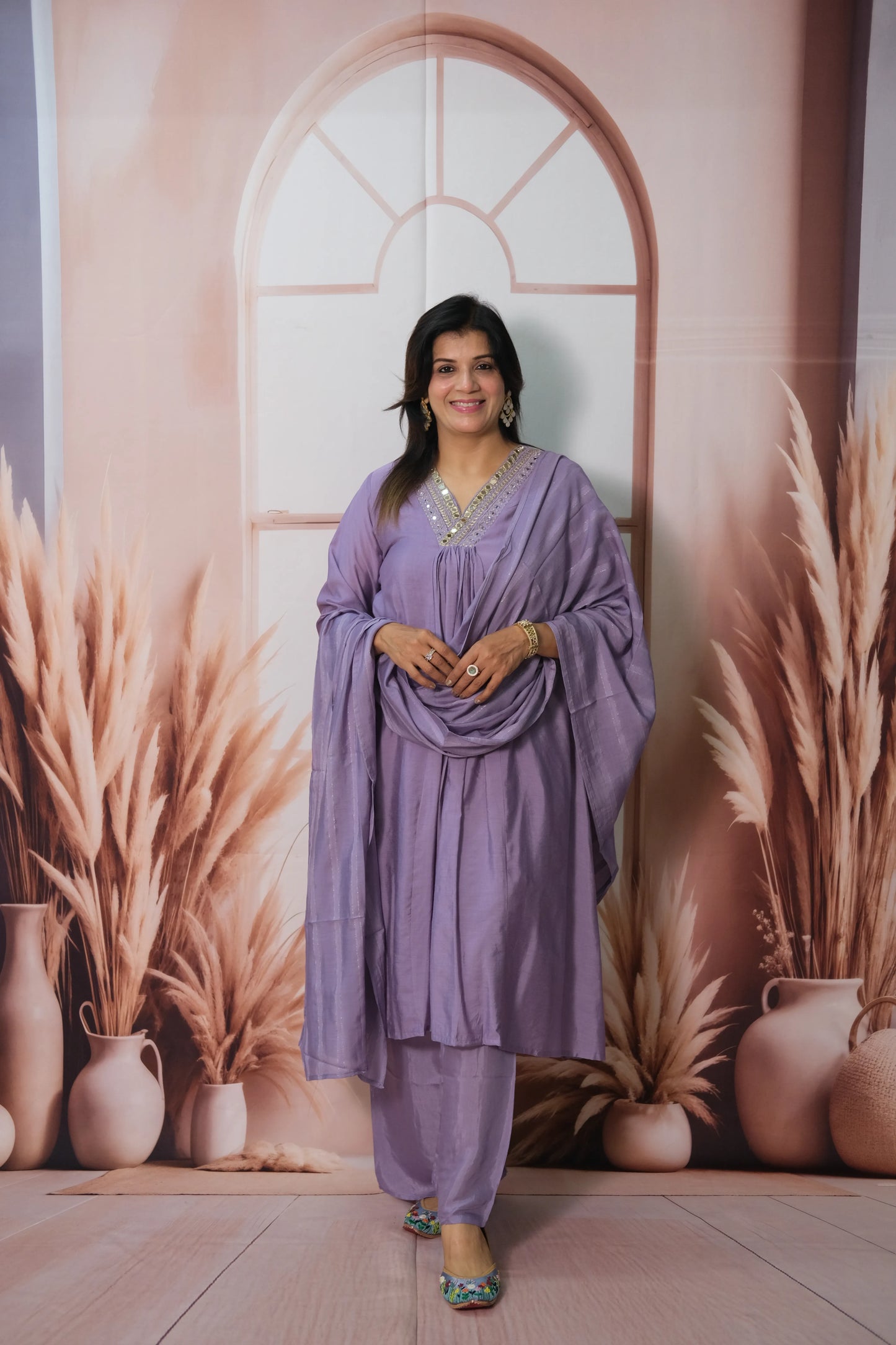 Lavender Purple Mul Chanderi A-Line Kurta Dupatta Set with Mirror Work