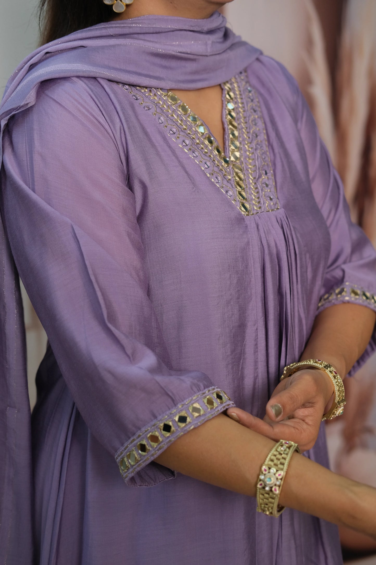 Lavender Purple Mul Chanderi A-Line Kurta Dupatta Set with Mirror Work