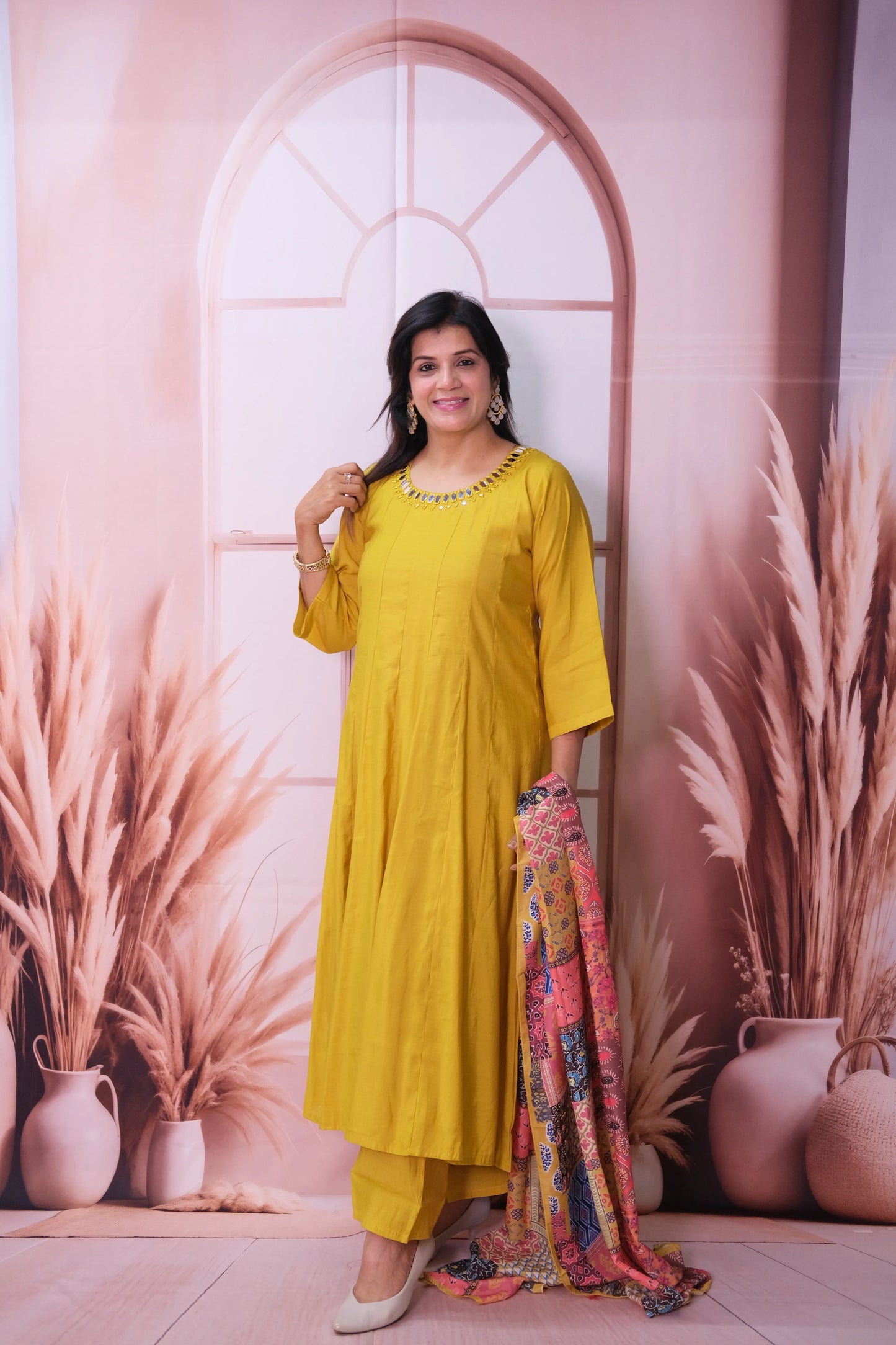 Lemon Curry Mul Chanderi A-Line Kurta Dupatta Set with Mirror Work & Printed Dupatta