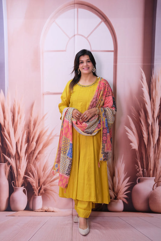 Lemon Curry Mul Chanderi A-Line Kurta Dupatta Set with Mirror Work & Printed Dupatta