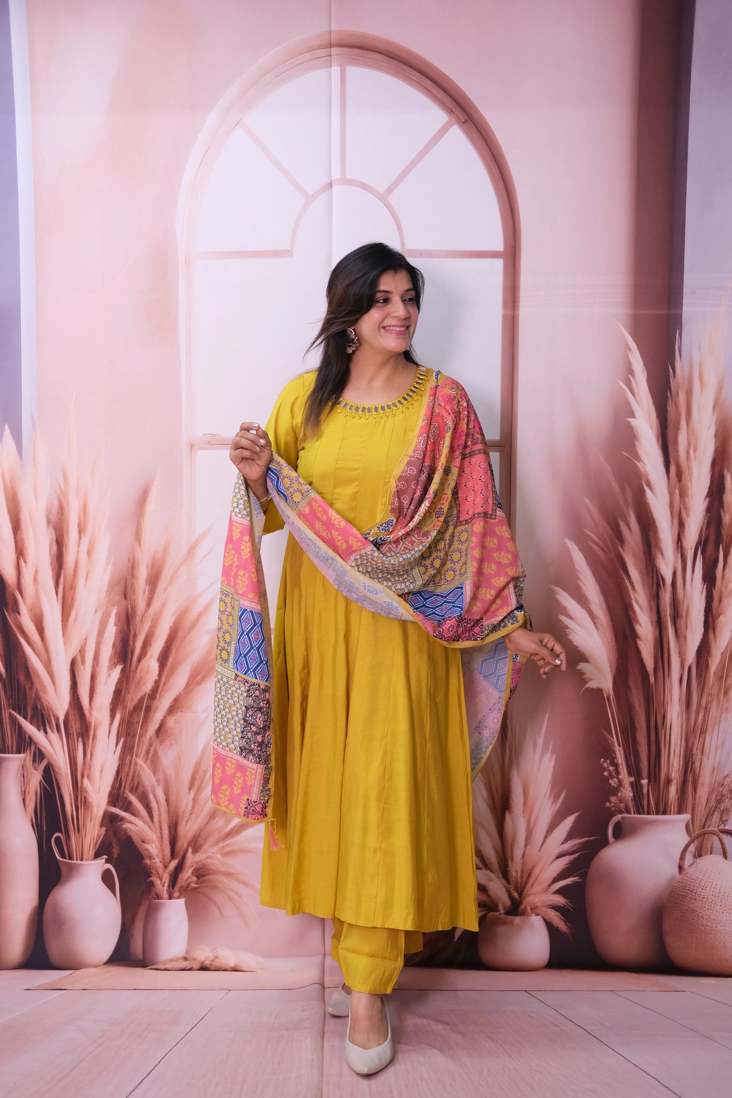 Lemon Curry Mul Chanderi A-Line Kurta Dupatta Set with Mirror Work & Printed Dupatta