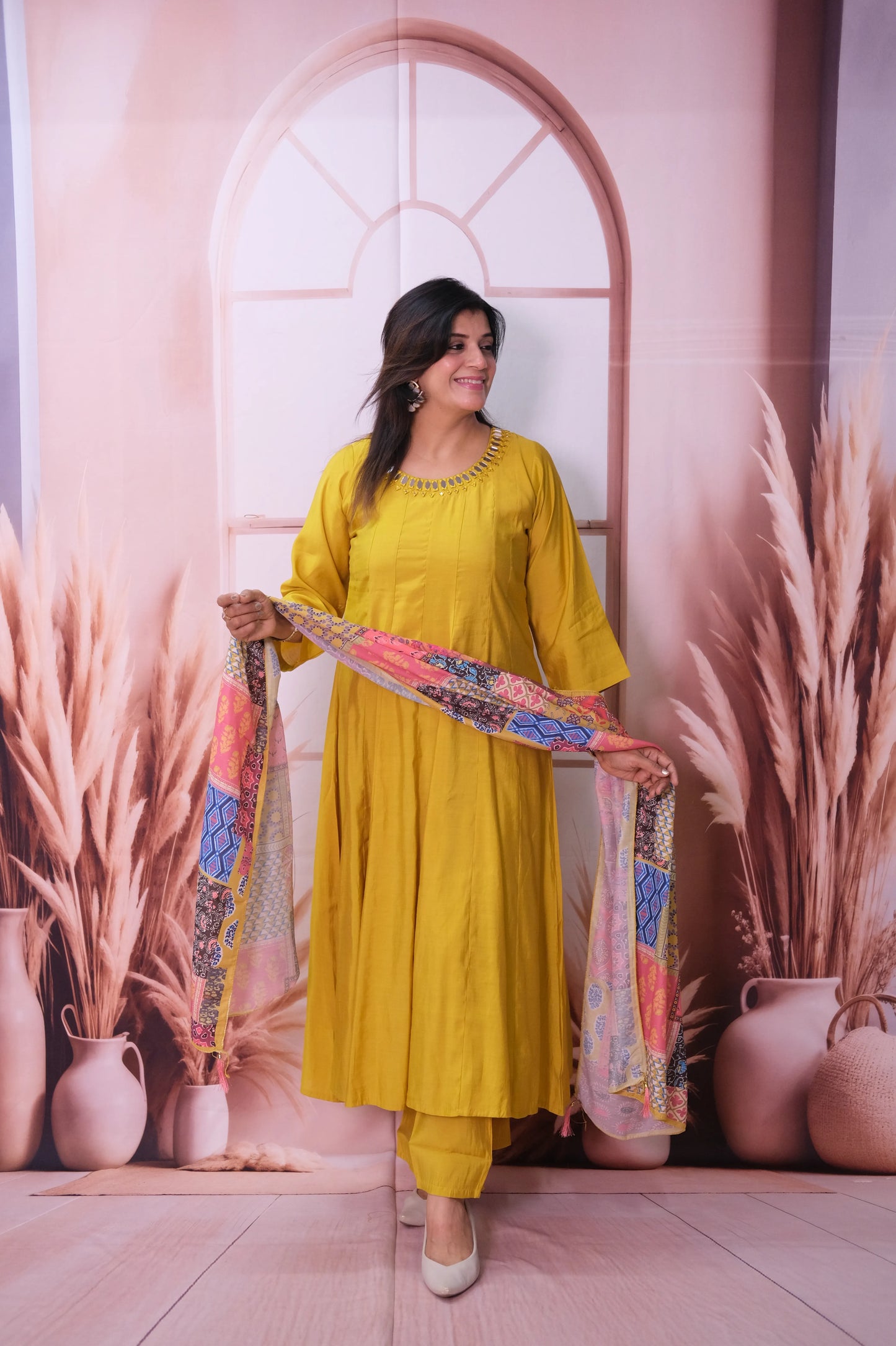 Lemon Curry Mul Chanderi A-Line Kurta Dupatta Set with Mirror Work & Printed Dupatta