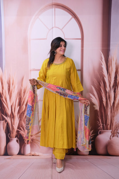 Lemon Curry Mul Chanderi A-Line Kurta Dupatta Set with Mirror Work & Printed Dupatta