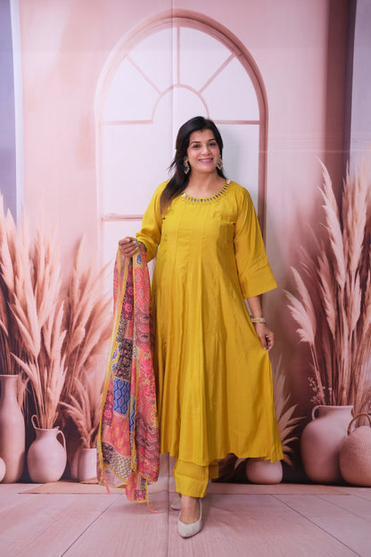Lemon Curry Mul Chanderi A-Line Kurta Dupatta Set with Mirror Work & Printed Dupatta