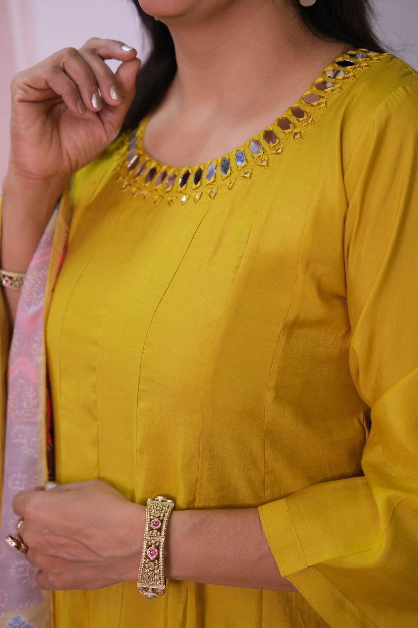 Lemon Curry Mul Chanderi A-Line Kurta Dupatta Set with Mirror Work & Printed Dupatta