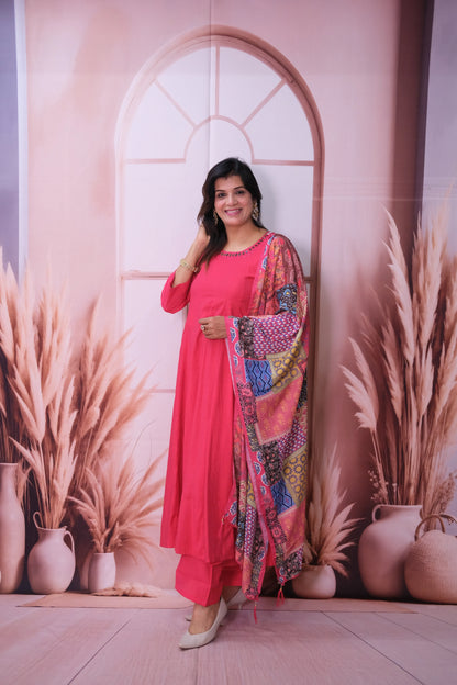 Viva Magenta Mul Chanderi A-Line Kurta Dupatta Set with Mirror Work & Printed Dupatta