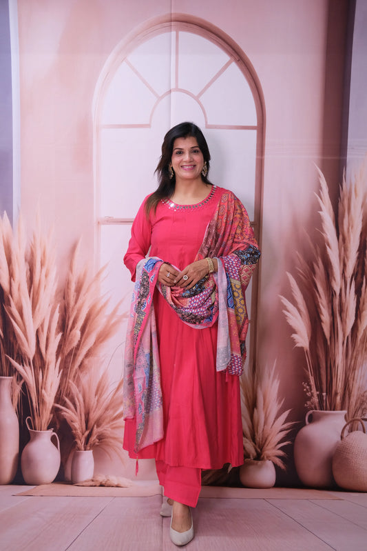 Viva Magenta Mul Chanderi A-Line Kurta Dupatta Set with Mirror Work & Printed Dupatta