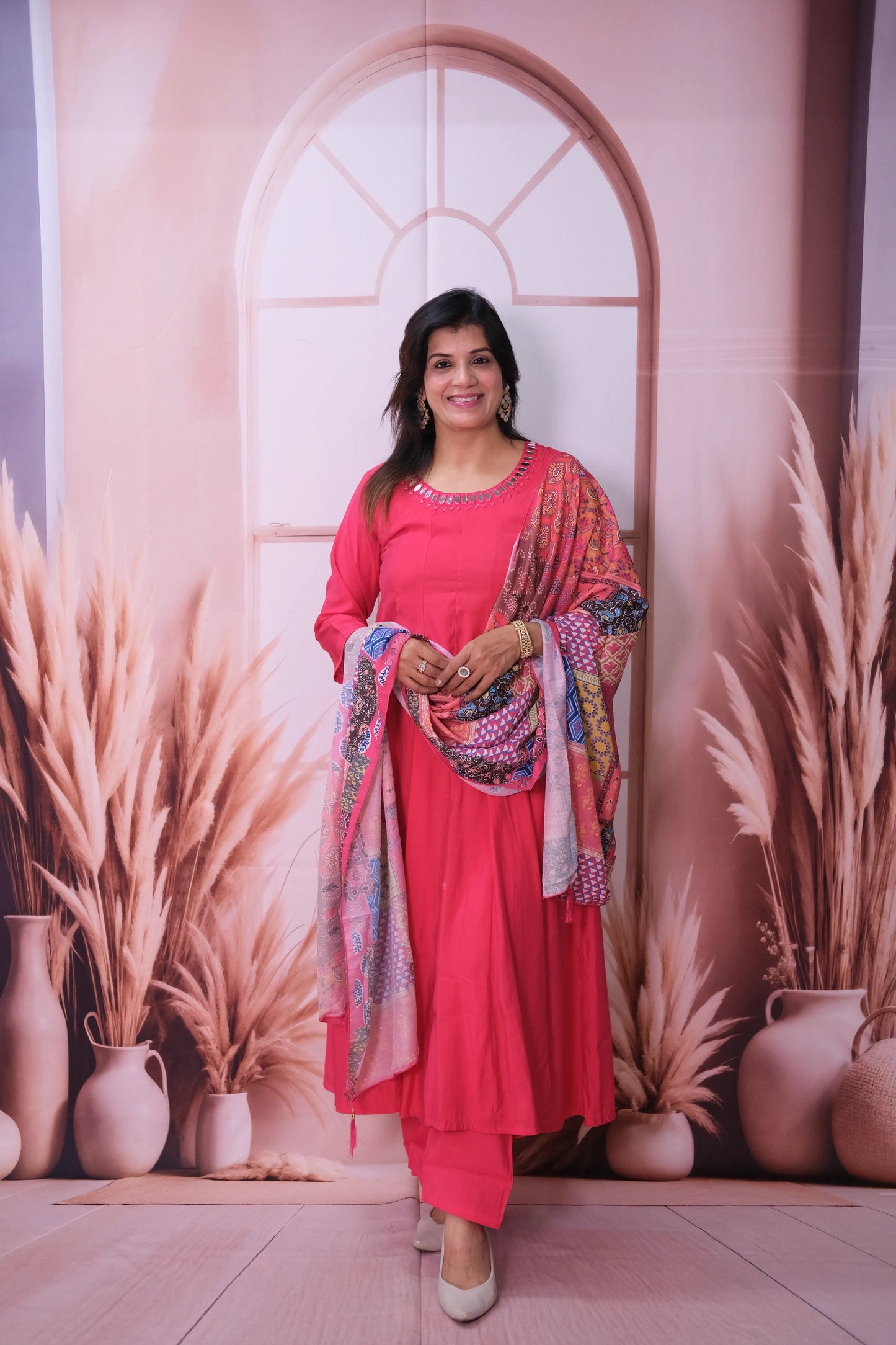 Viva Magenta Mul Chanderi A-Line Kurta Dupatta Set with Mirror Work & Printed Dupatta
