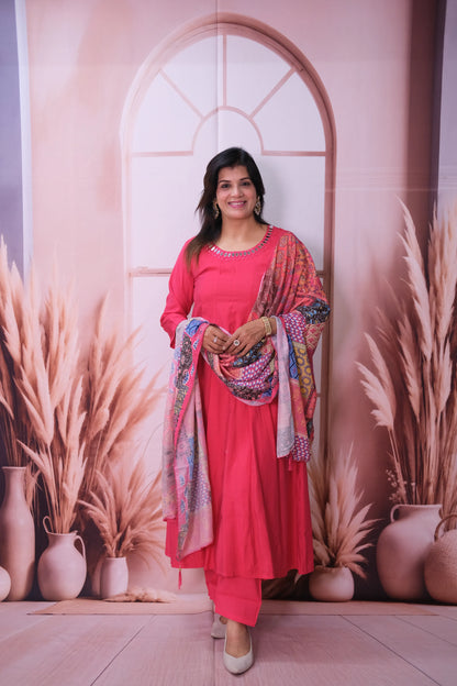 Viva Magenta Mul Chanderi A-Line Kurta Dupatta Set with Mirror Work & Printed Dupatta