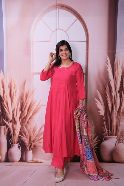 Viva Magenta Mul Chanderi A-Line Kurta Dupatta Set with Mirror Work & Printed Dupatta
