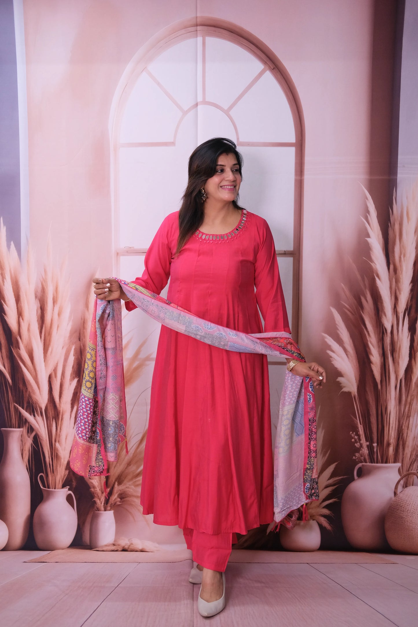 Viva Magenta Mul Chanderi A-Line Kurta Dupatta Set with Mirror Work & Printed Dupatta