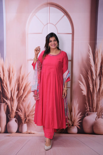 Viva Magenta Mul Chanderi A-Line Kurta Dupatta Set with Mirror Work & Printed Dupatta