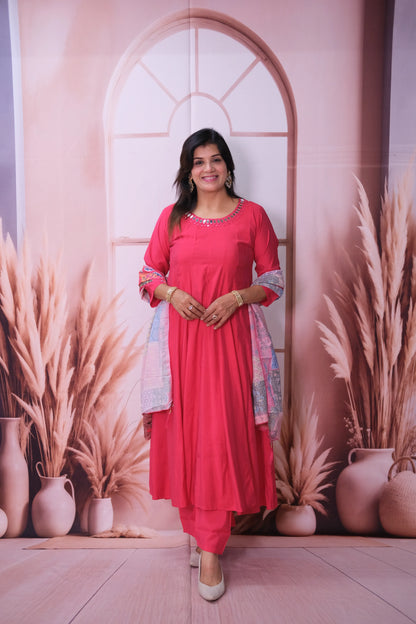 Viva Magenta Mul Chanderi A-Line Kurta Dupatta Set with Mirror Work & Printed Dupatta