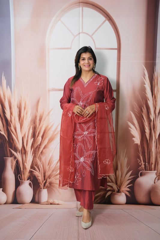 Dark Maroon Muslin Silk Kurta Dupatta Set with Thread Embroidery
